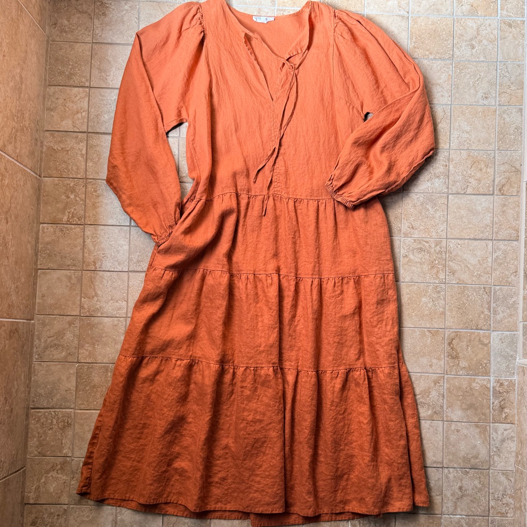 Little Lies Alicia Midi Dress 100% Linen Pockets L Tiered Skirt Anthropologie